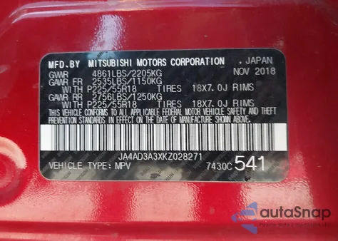 2019 Mitsubishi Outlander Sel из США, поврежденный, VIN JA4AD3A3XKZ028271